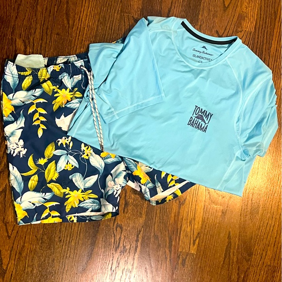 LOT of 2 Tommy Bahama RELAX Men’s SZ LG lHawaiian Print Swim shorts & Swimshirt